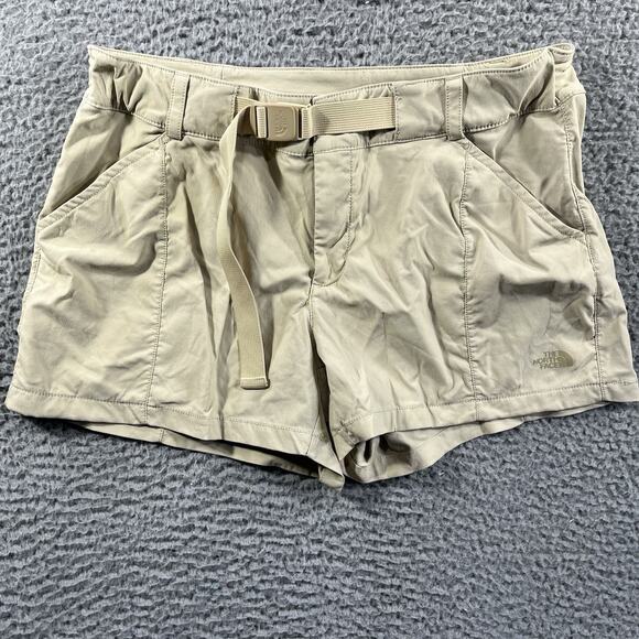 THE NORTH FACE SHORTS WOMENS 10 BEIGE TAN BELTED BUCKLE HIKING STRETCH FITS 32x3 - Picture 1 of 9